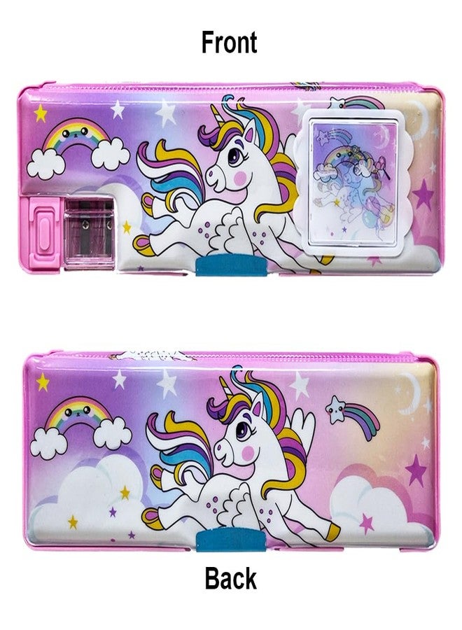 SIDAK Plastic Unicorn Printed Pencil Box With Calculator, Dual Sharpener, Pen & Pencil Holder, Magnetic Door Closure And Birthday Party Return Gift For Kids.Calculator Pencil Box,(Pink) - Image 4